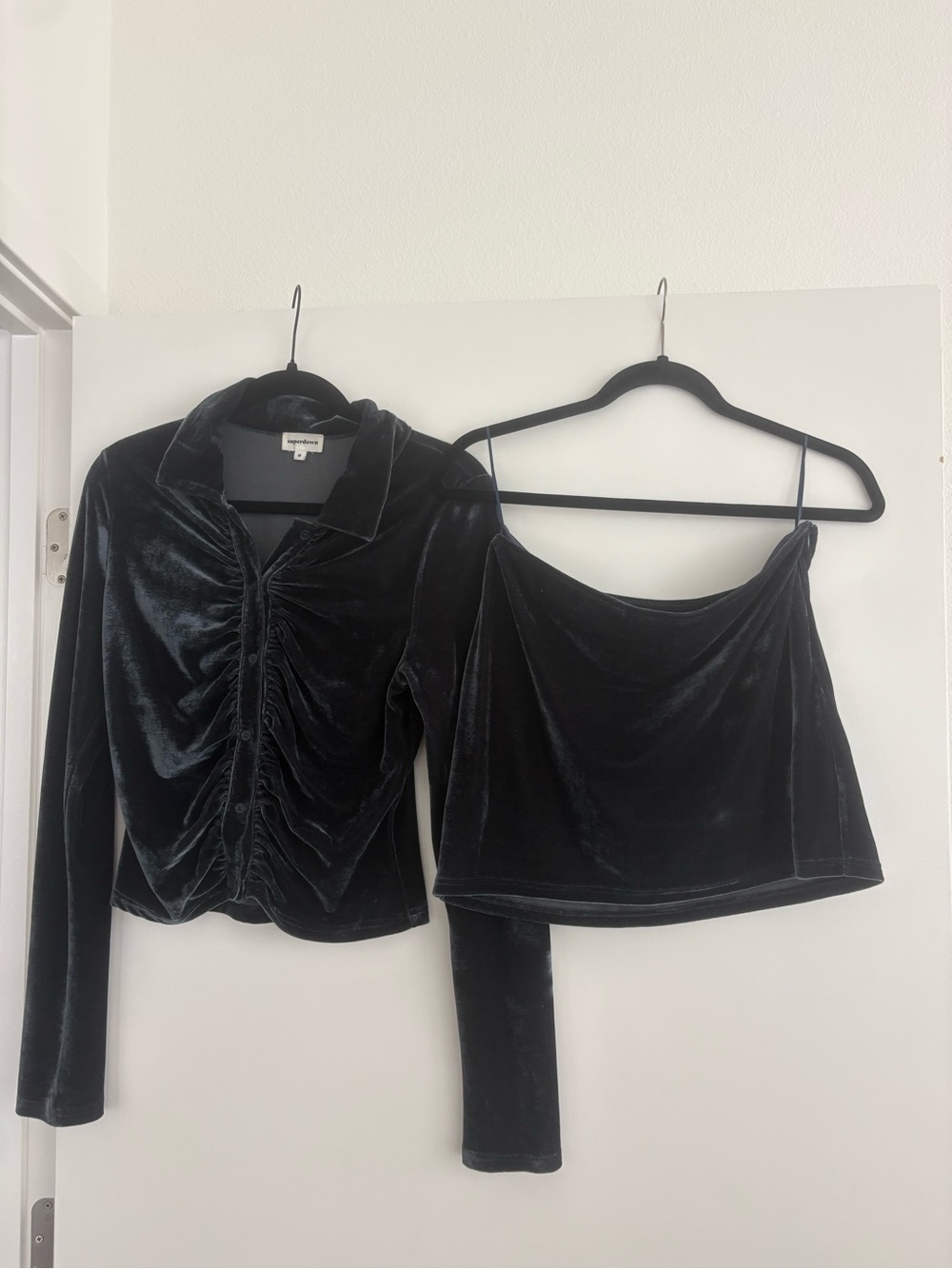 superdown Black Velvet Ruched Button-Up Top and Cami Set